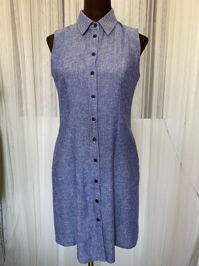 Anne Klein Linen/Viscose Sleeveless Chambray Shirt Dress in Blue Size 4